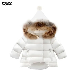 BQUBO  Baby Girls Hooded Snowsuit Winter Warm Fur Collar Hooded Coat Down Windproof Jacket Outerwear 1-3 Years