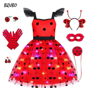 BQUBO Girls Light up Ladybug Masquerade costumes - Kids LED Princess Dress Halloween Cosplay Outfit Clothes Apparels 3-6years