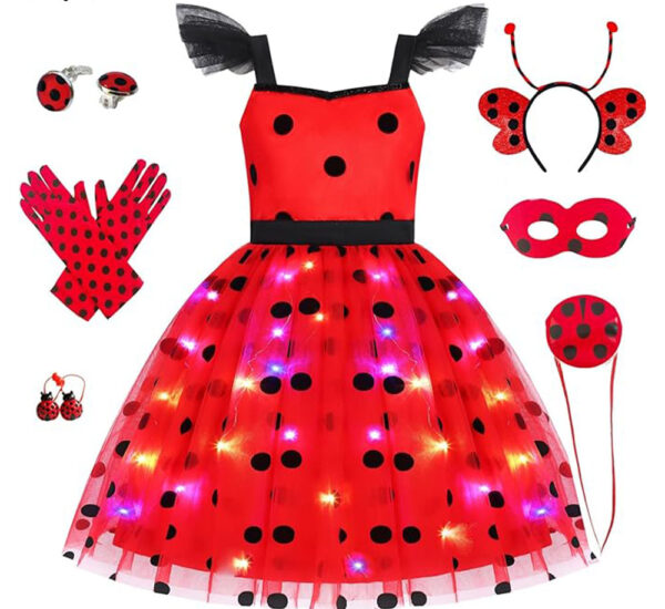 BQUBO Girls Light up Ladybug Masquerade costumes - Kids LED Princess Dress Halloween Cosplay Outfit Clothes Apparels 3-6years